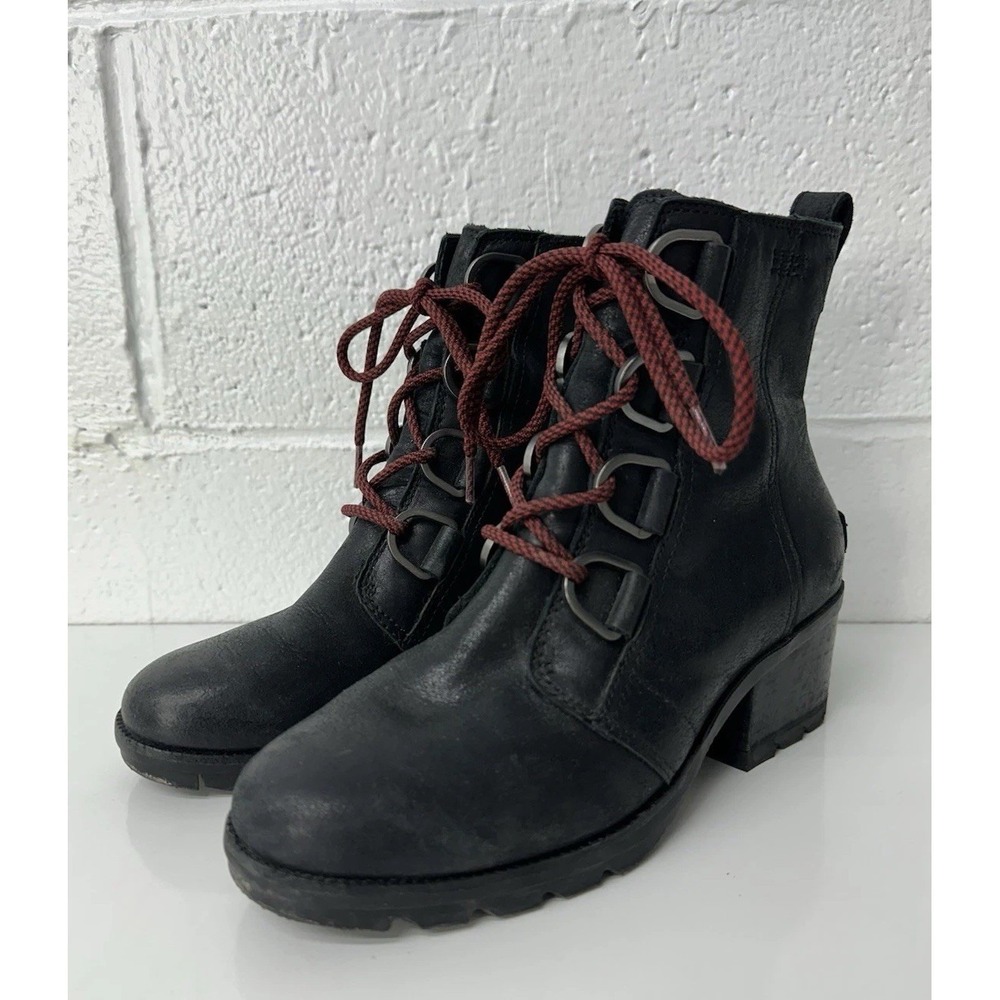Sorel Boots Women's 6 Black Leather Combat Waterproof Cate Lace Up Ankle Comfort